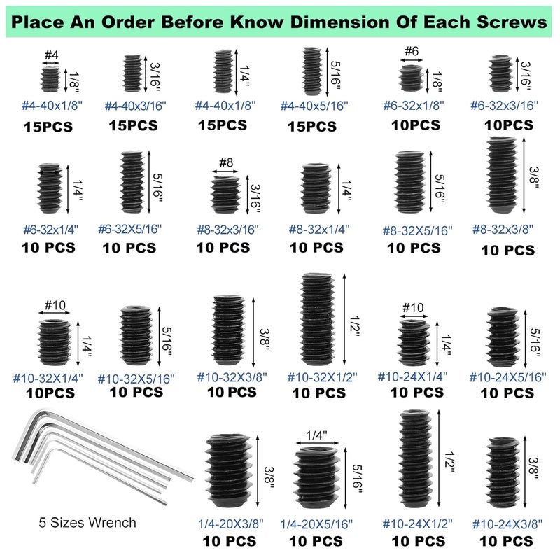 HanTof 240 Pcs 22 Sizes Black Set Screw Assortment Kit, SAE Allen Head Grub Screws for Bathroom Fixture, Grade 12.9 Alloy Steel Internal Hex Drive Cup-Point for Door Knob, Faucets (#4-40 to 1/4"-20) - Image 4